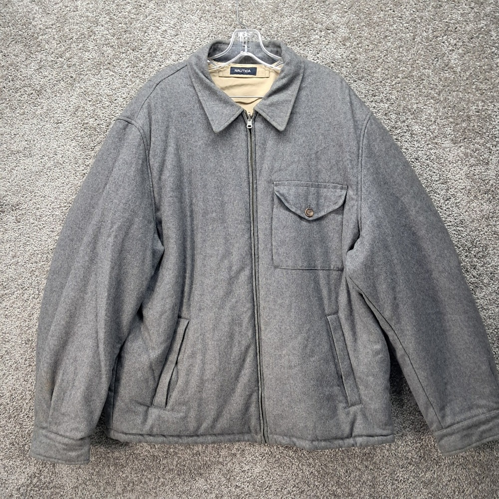 Nautica Mens‎ Reversible Wool Full Zip Jacket Grey Tan XXL Harrington Bomber